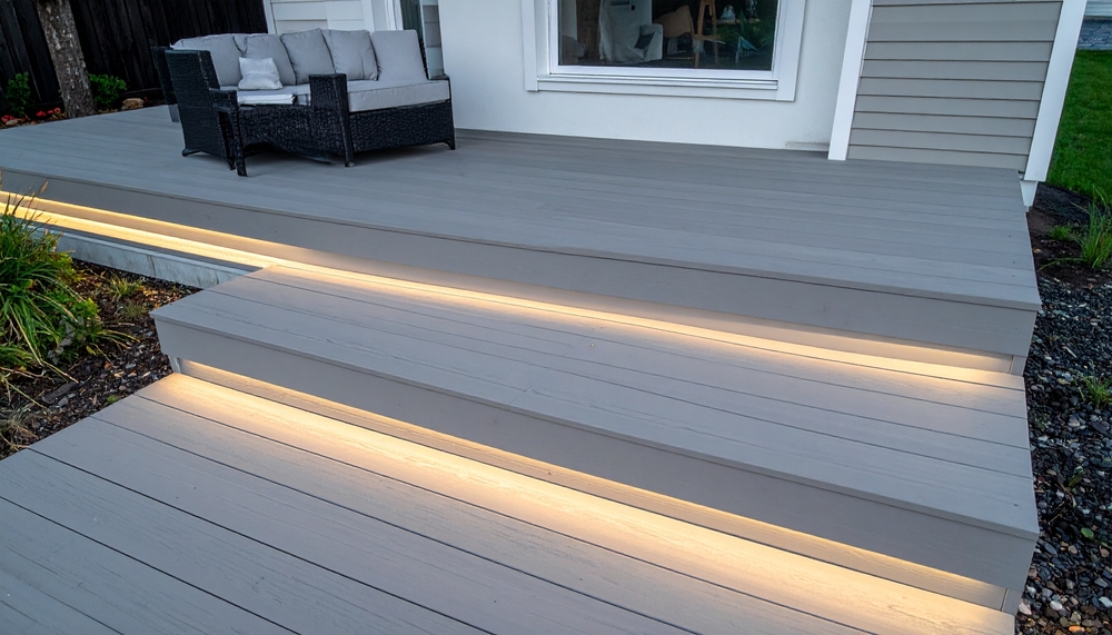 Modern multi-level composite decking in ash grey with subtle deck lights for contempo
